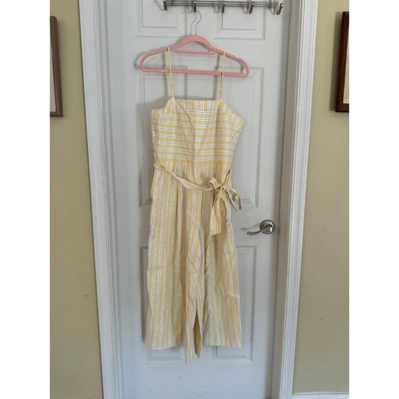 Banana Republic STRIPE LINEN-COTTON CROPPED JUMPSUIT WIDE LEG BELT YELLOW 10 - Picture 12 of 15